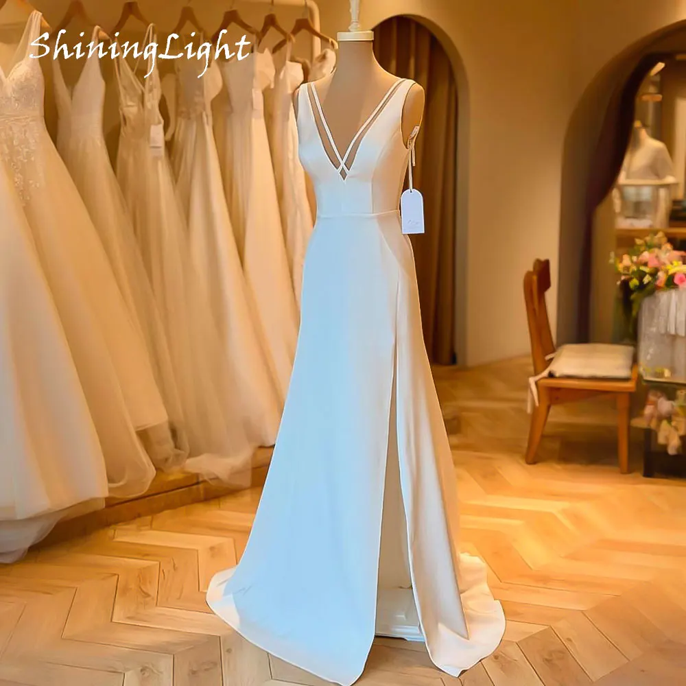 

ShiningLight Elegant V-Neck Women Wedding Dresses Formal Simple Satin A Line Bridal Dress Back Button Front Slit Customized