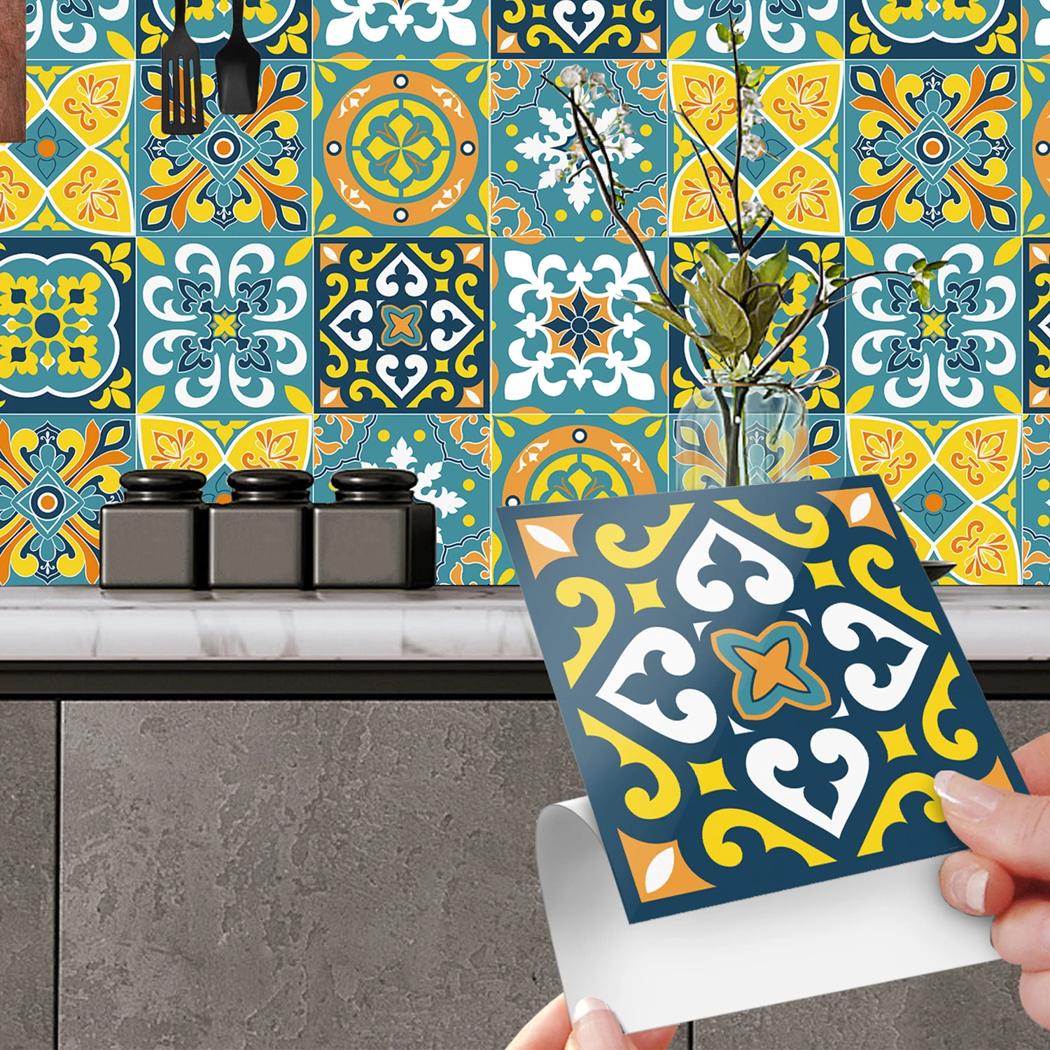 10 pcs/pack, Golden pattern style PVC Self-Adhesive Tile Stickers - Waterproof, Oil-Proof, Easy to Clean for Home Decoration