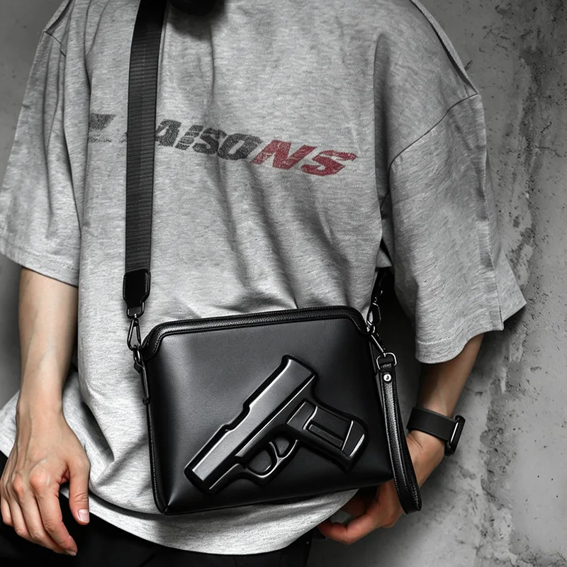 unisex Unique 3D Gun Embossed Crossbody Bag,Black PU Leather Clutch Wristlet Bag,Novelty Shoulder Messenger Bag Daily Commute