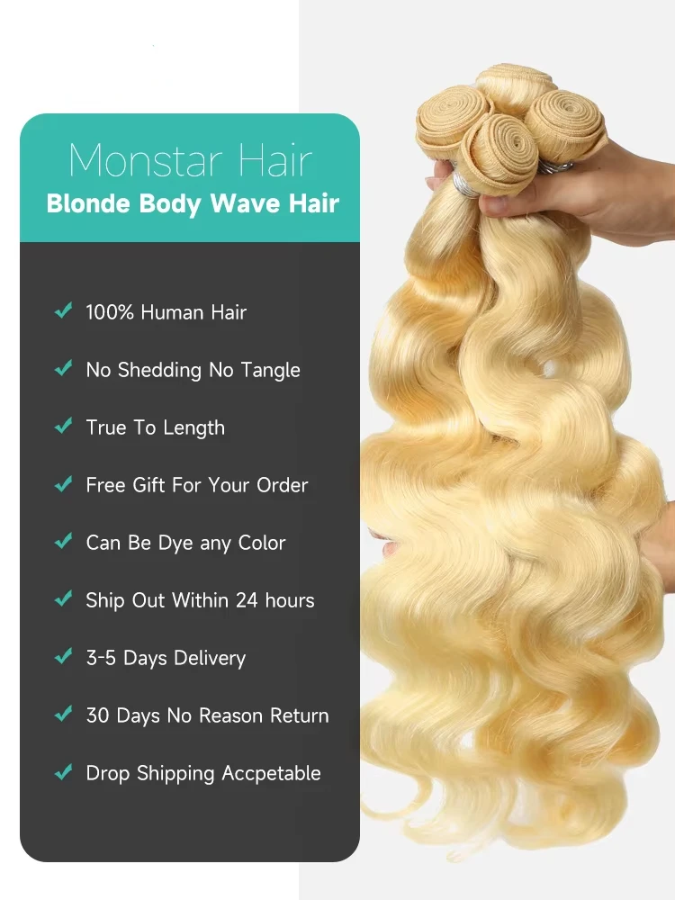 1/3/4 613 Blonde Hair Extension Brazilian Hair Weave Bundles Body Wave Remy Human Hair Weaving Long 26 28 30 32 34 36 38 40 Inch