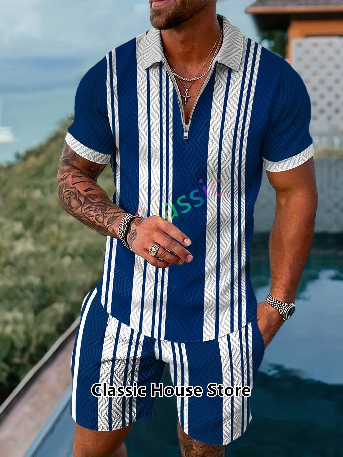 

Men's Polo Shirts Tracksuit Sets Luxury Brand Summer Casual Suit Zipper Lapel T-shirt Short Sleeve Male 2 Piece Outfits Clothes