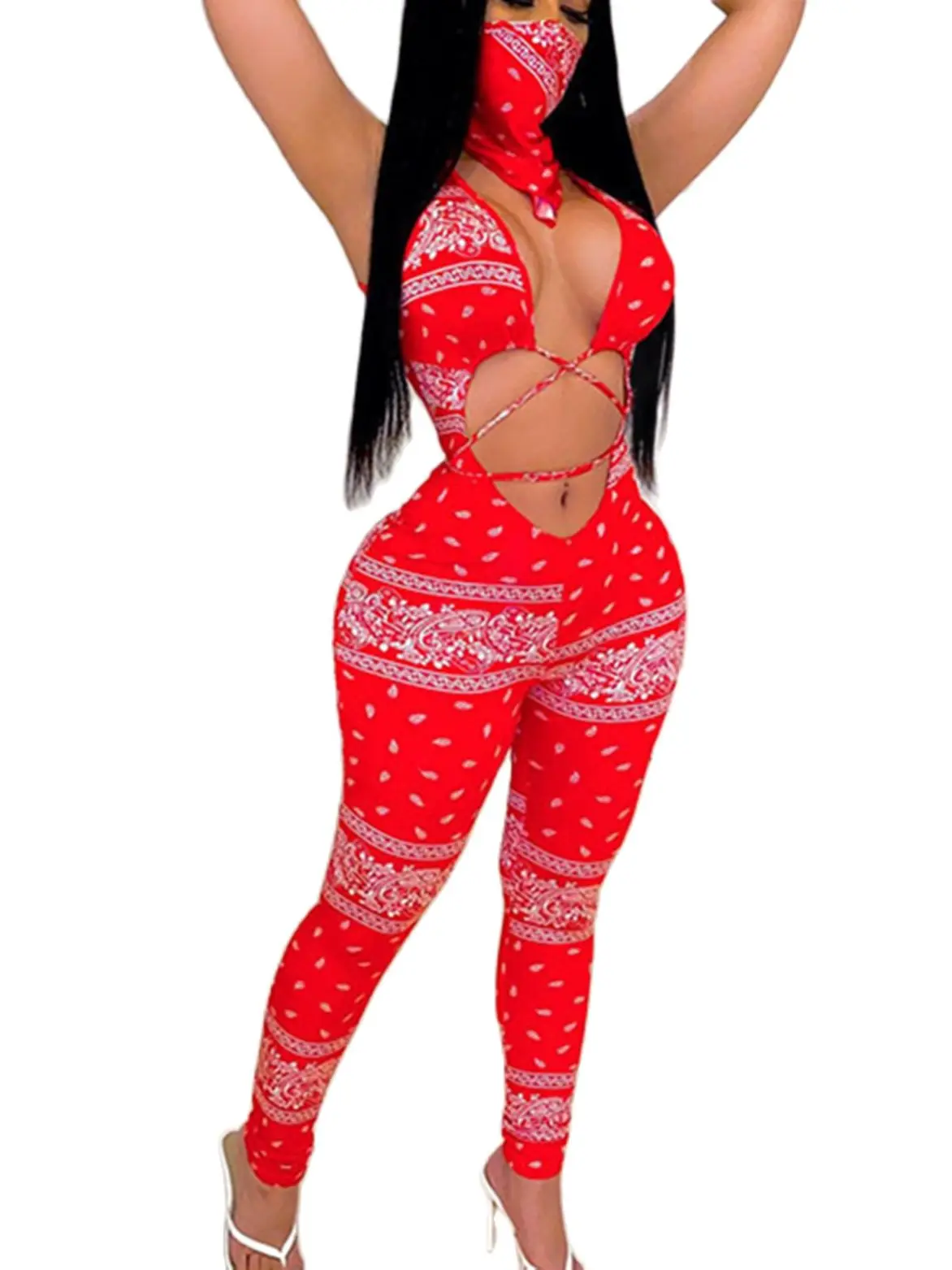 Hot Selling 2023 New Fashion Strap Wrapped Chest Fit Opening Women\'s Printed Sexy and Beautiful jumpsuit (Including Face Scarf)