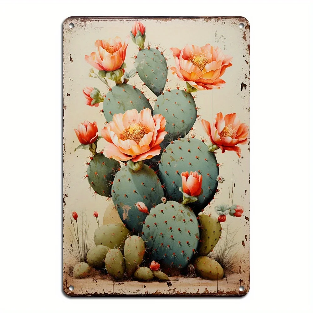 Vintage Cactus and Floral Design Metal Wall Art Durable Iron Tin Sign Easy To Install Great for Home or Office Decor Unique Gift