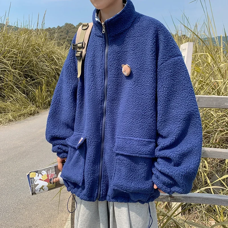 Wearing Klein Blue Lamb Wool Overalls on Both Sides, Men's Winter Thickened Warm Cotton Clothes, Couple's Youth Cotton-padded