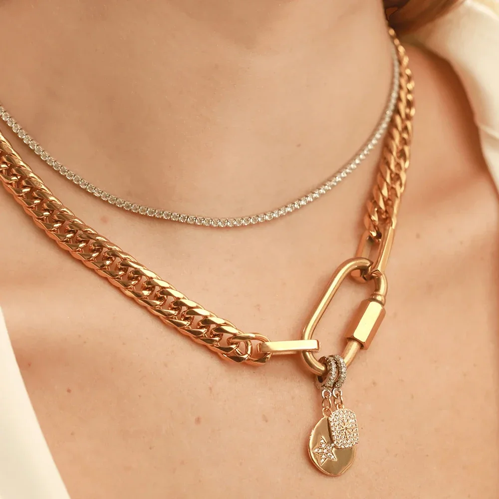 Waterproof Jewelry Tarnish Free 18K Gold Plated Stainless Steel Two Tone Chunky Charm Necklace for Women Cuban Chains Choker