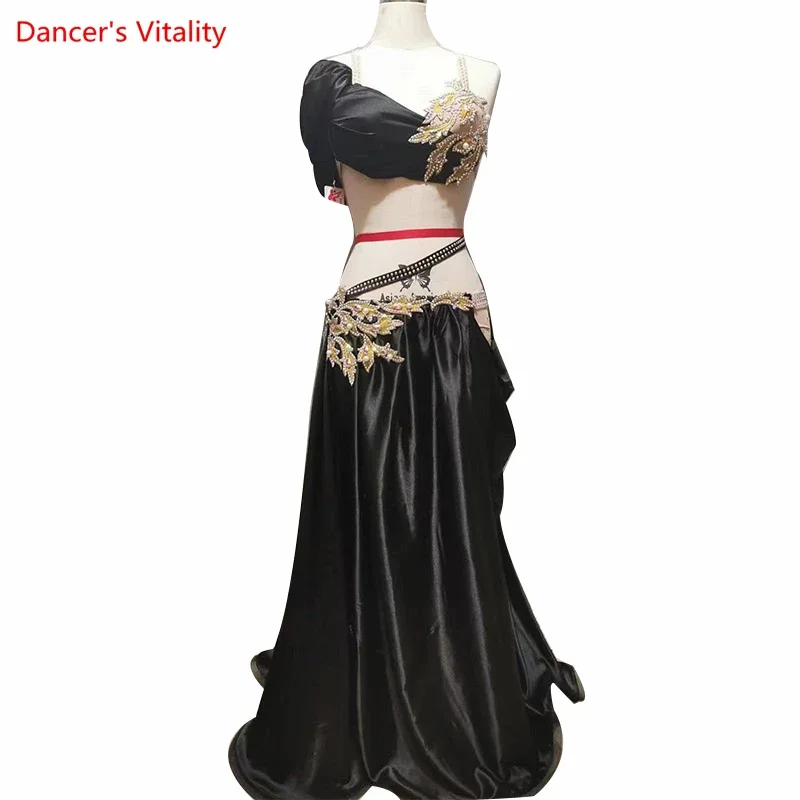 Belly Dance Performance Costume Set for Women Customized Hand Made Stones Bra+split Stain Skirt 2pcs Female Oriental Dance Wear