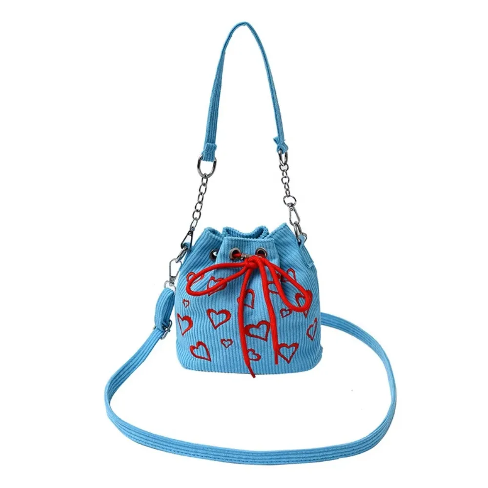 

INS Corduroy Bucket Bags Large Capacity Knitted Texture Hearts Embroidery Handbag Pleated Design Adjustable Straps