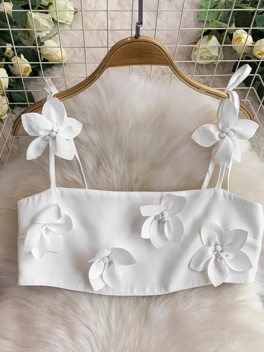 Foamlina White Chic 3D Floral Cropped Sexy Halter Top Camis & High Waist Satin Skirt Set Vacation 2 Piece Outfit for Women