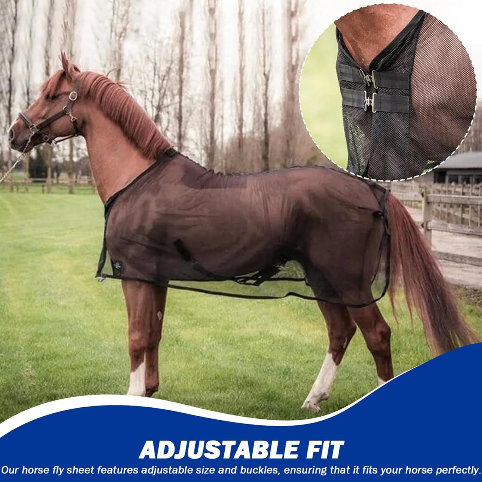 Hoja de malla de caballo a prueba de sol, hoja de malla para moscas, transpirable, a prueba de sol, a prueba de abrasión, hoja ajustable para el cuidado del caballo para verano