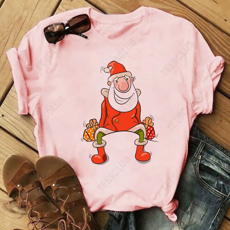 Merry Christmas Santa Print T-shirt Casual Harajuku Style Graphic Tee Aesthetic Christmas Theme Clothing