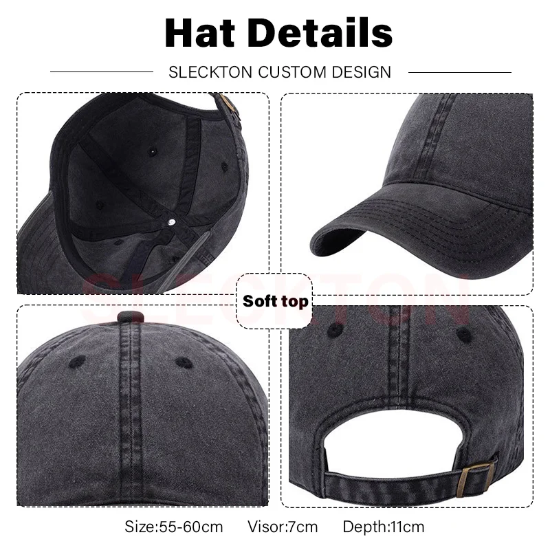 SLECKTON Custom Baseball Cap Brand Logo Design DIY Sun Hat Embroidery Print Photo Washed Retro Cotton Cowboy Hat Adult Wholesale