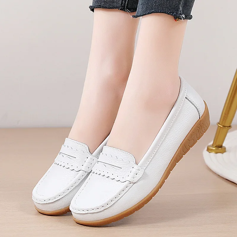 2024 Women Flats Genuine Leather Shoes Woman Platform Casual Soft Women\'s Loafers Shallow Slip On Shoes Women Nurse Ladies Shoes