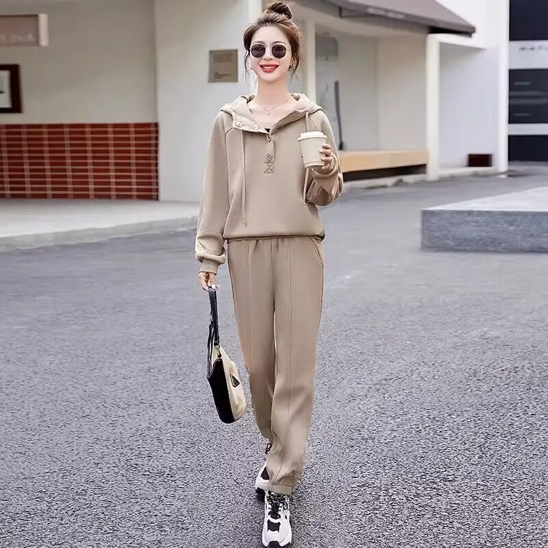 Women\'s Casual Suit Spring Autumn 2024 New Hooded Sweater Fashion Running Sports Tops And Pants Two Piece Set Plus Size Clothing