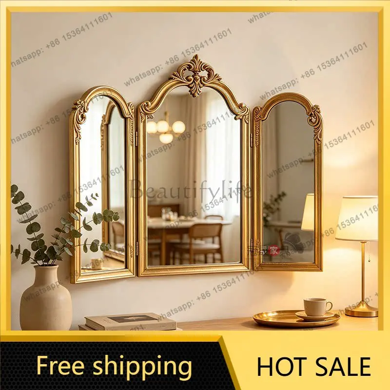 French retro three-fold makeup mirror desktop engraved European bedroom light luxury desktop folding mirror