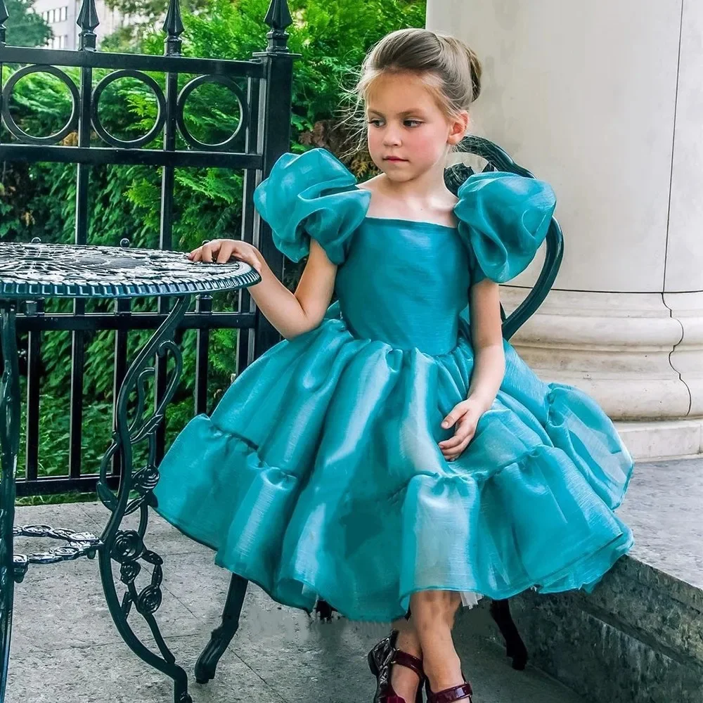 Green Tulle Puffy Flower Girl Dress For Wedding Short Sleeve Elegant Princess Kids Birthday Party First Communion Ball Gowns