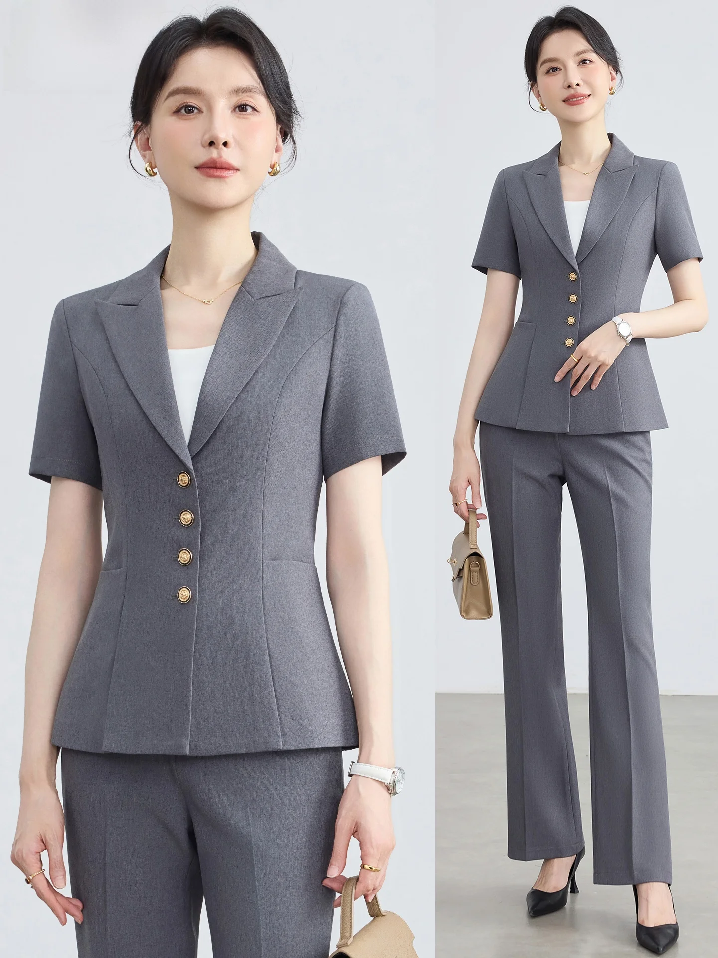 

Серый костюмный комплект, женский летний тонкий костюм с короткими рукавами, профессиональная формальная униформа высокого класса для менеджера отеля, униформа для работы в ювелирном магазине