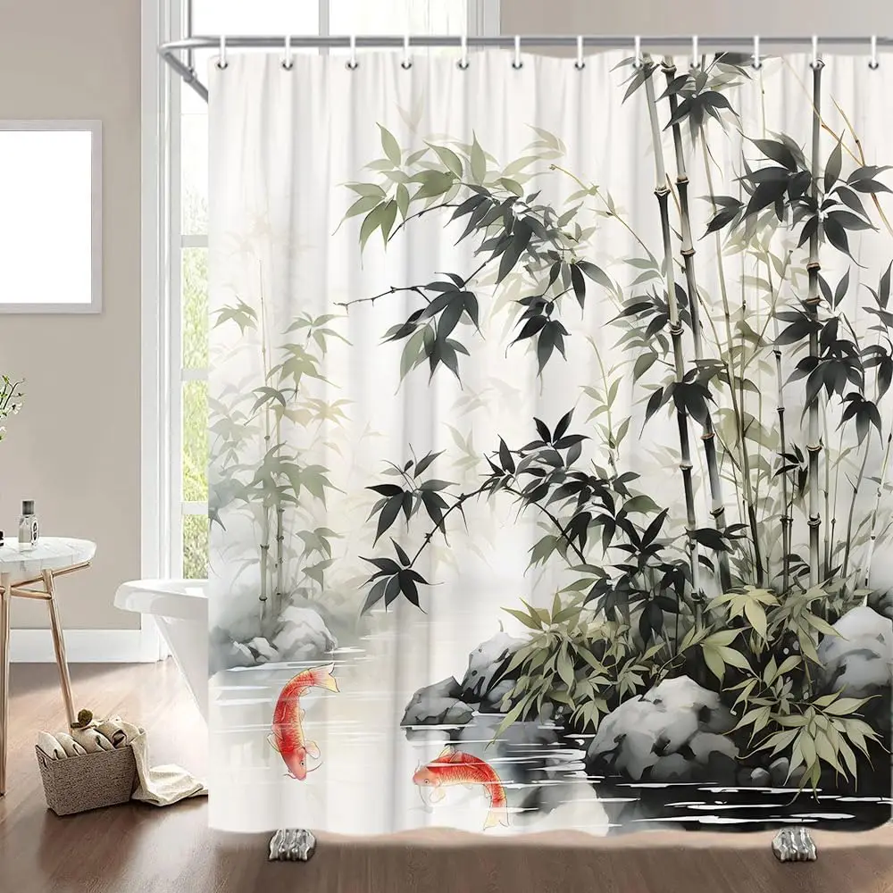 

Bamboo Shower Curtain Asian Style Green Plant Retro Chinese Ink Painting Leaves Red Goldfish Moss Rock Spa Nature Scenery