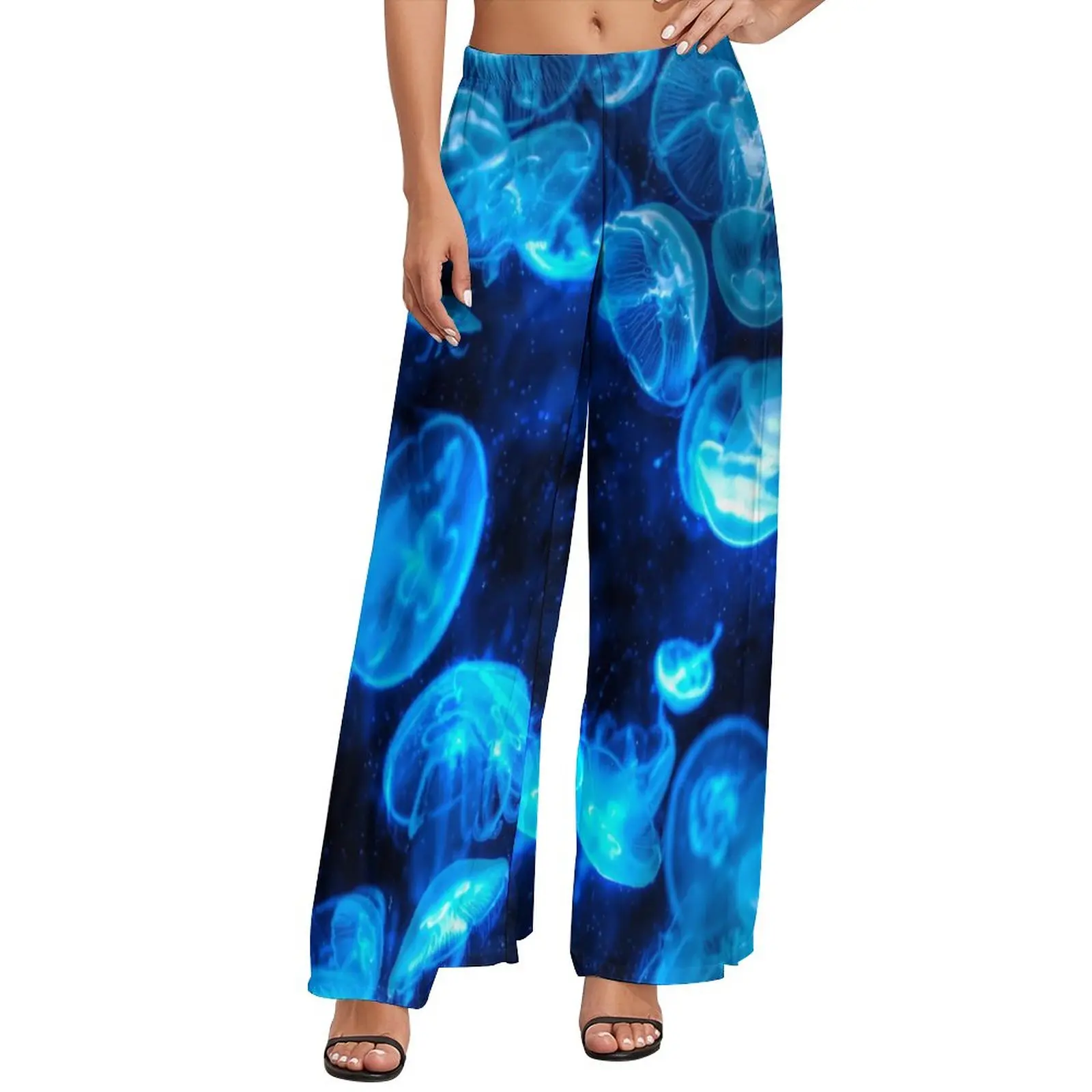 

Nautical Jellies Print Pants Blue Jellyfish Trendy Wide Pants Female Oversize Aesthetic Custom Straight Trousers