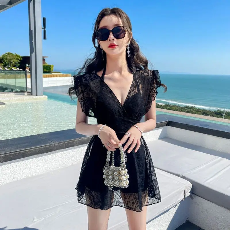 

New Korean Style Versatile Summer Solid Color V-neck Short Sleeve Women's Lace One Piece Flat Feet Fashion Sexy Swimming Skirt