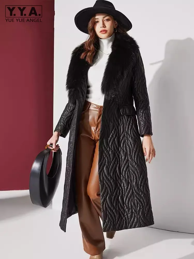 

Vintage Women Winter Fox Fur Collar Long Genuine Leather Jacket Elegant Ladies Thick Padded Warm Overcoat Slim Waist Trench Coat