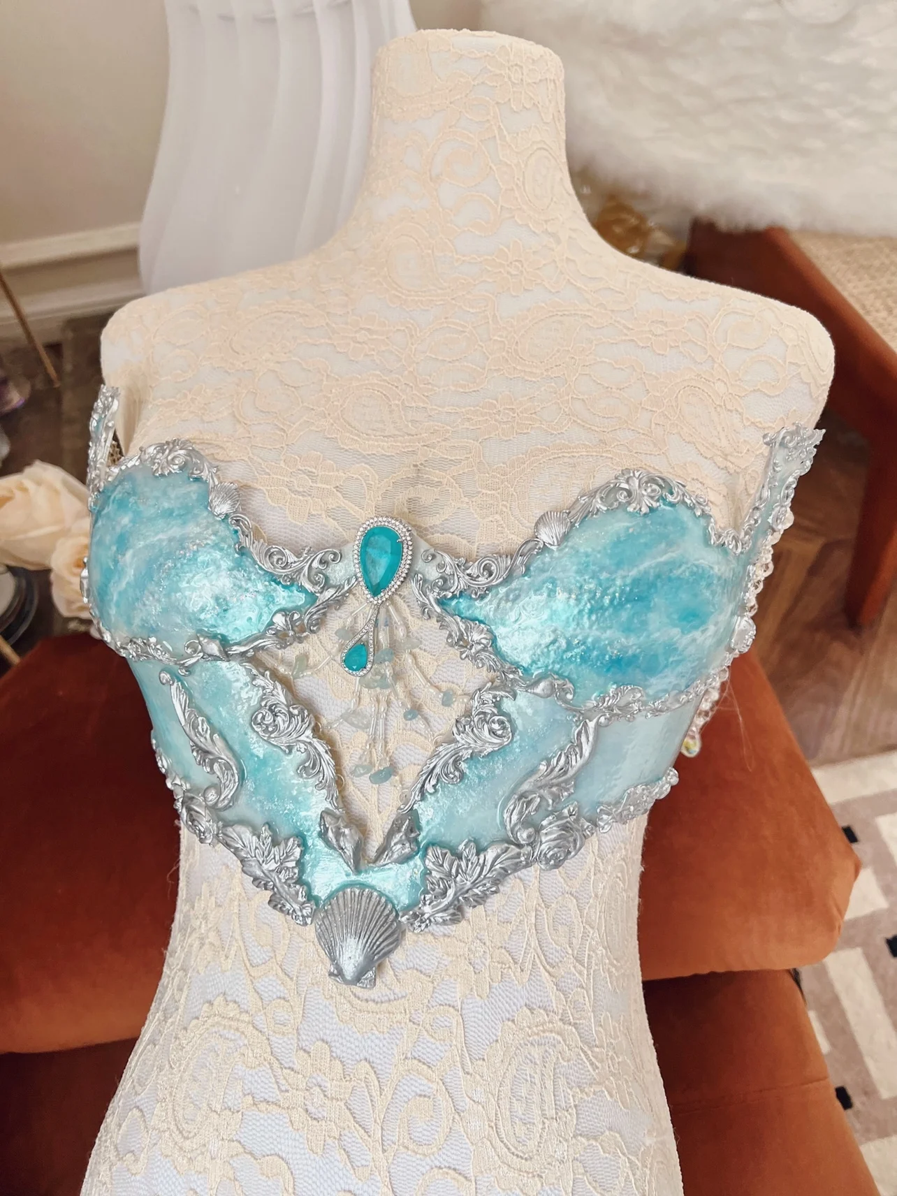 Honey Design Sea Blue Corset Treasure Mermaid Top- Topaz Fish Bone Chest 3D Printed Top Blue Sparkly Corset Club Show Wear Bra