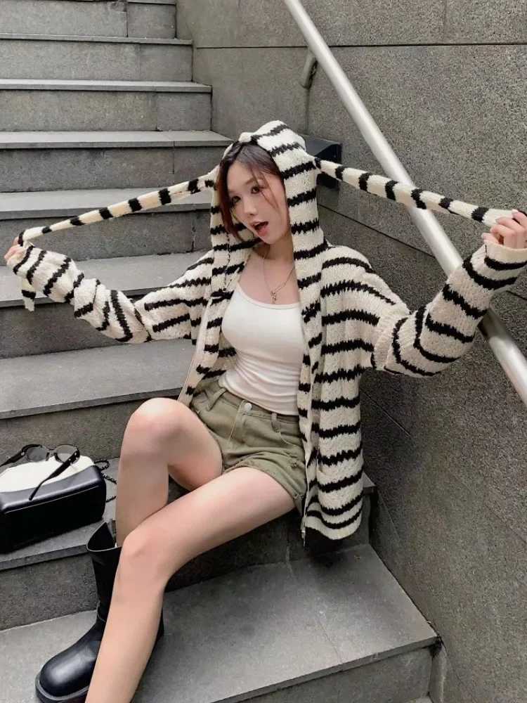 Women Vintage Loose Striped Caridgan Coat Fashion Y2k Aesthetic Hooded All Match Jackets New Oversized Japanese Pocket Kardigan