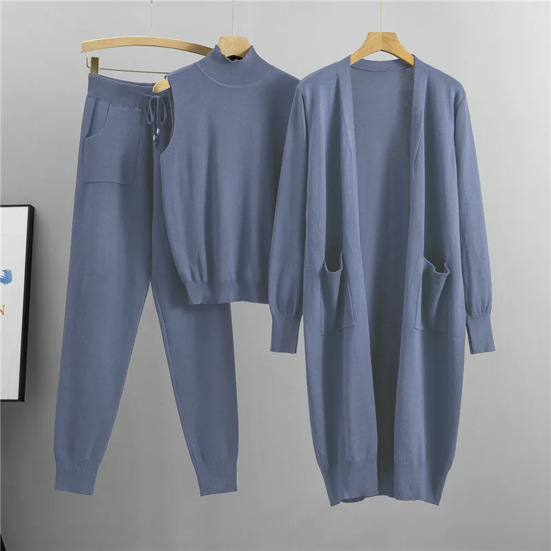 

Casual Loose Knitted Cardigans+Vest+Pant 3-piece Set for Autumn/Winter Women's Sets with Pockets Harlan Pants Knit Suit Woaman