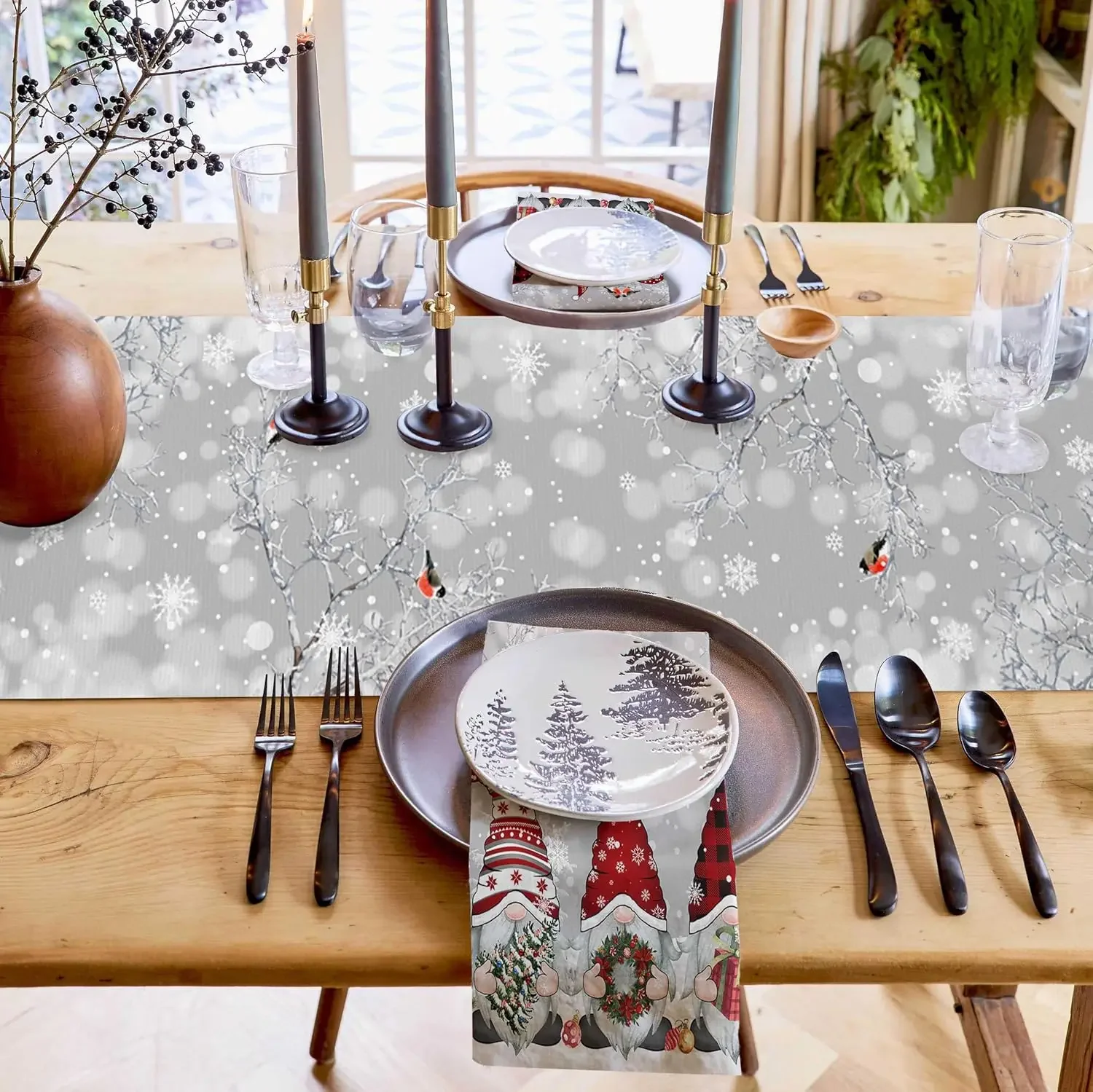 Christmas Gnome Snowflake Branch Bird Linen Table Runner Dresser Scarves Winter Xmas Kitchen Table Runner Christmas Decorations