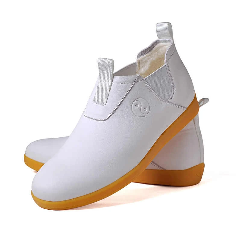 Winter Morning Exercise Tai Chi High Shoes Men Velvet Genuine Leather Sports Ankle Boots Cow Tendon Soled Practice Shoe Women