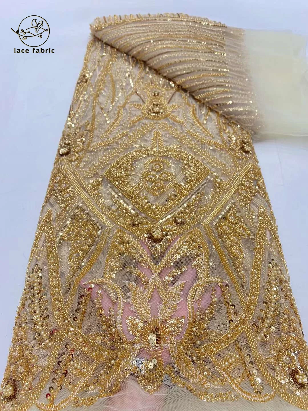 

Gold African Groom lace Fabric 2024 High Quality Lace Sequins Embroidery French Beaded Tulle Laces For Nigerian Wedding Dresses
