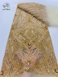 Tessuto di pizzo sposo africano oro 2024 paillettes di pizzo di alta qualità ricamo lacci di Tulle con perline francesi per abiti da sposa nigeriani