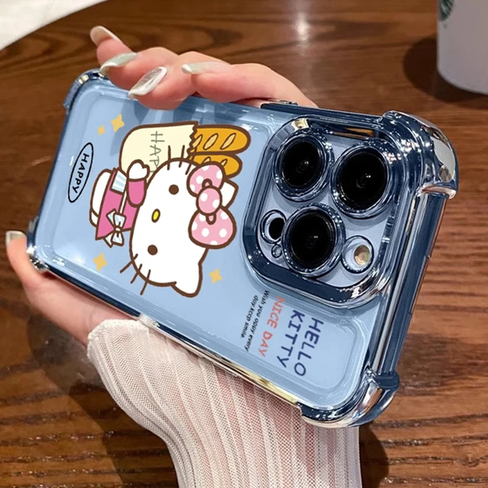 Clear Armor Hello Kitty Phone Case For iPhone 16 15 14 13 12 11 16 Pro Max Luxury Shockproof Bumper Protection Plated Back Cover