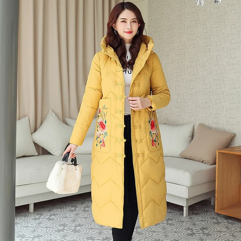 2022 Winter Parkas Women\'s Long Lightweight Down Cotton Padded Jackets Vintage Disc Button Embroidery Lengthen Winter Coats