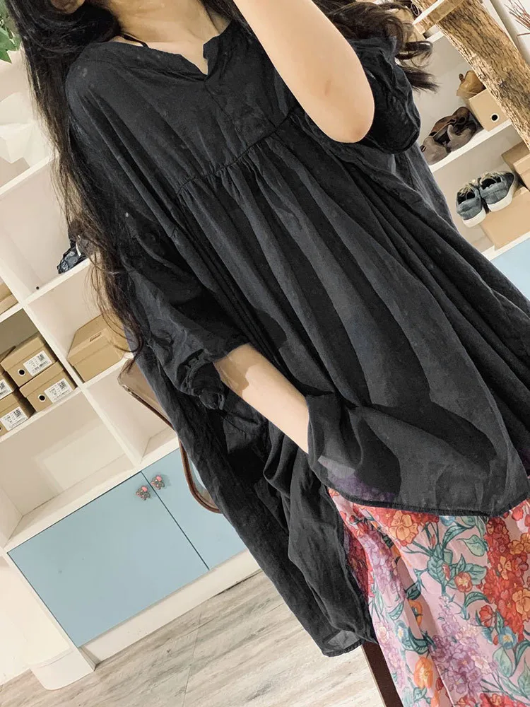 Summer Loose Shirt Women Tops Cotton Linen Pleated Ladies Blouses Casual Fashion Woman Shirt Tops 2023