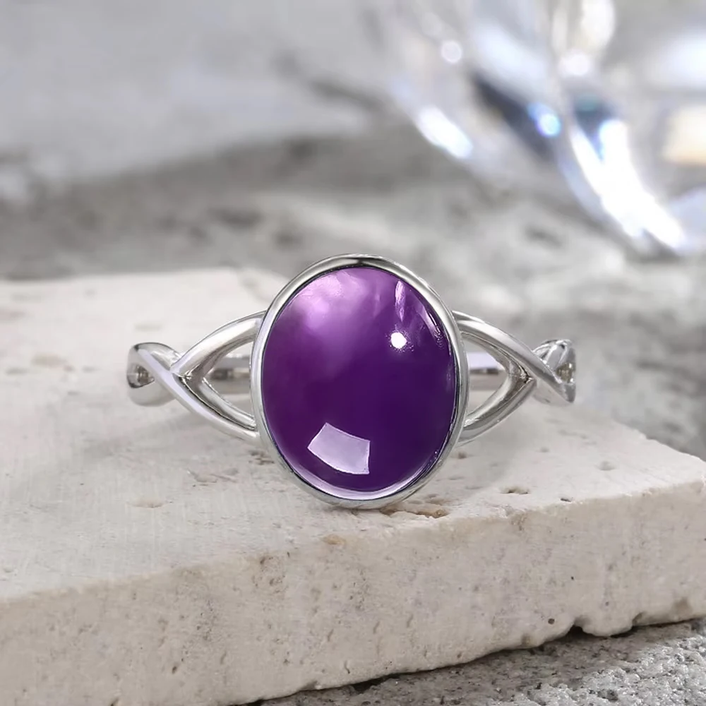 925 Sterling Silver Natural Stone Rings With Amethyst Simple Oval Ring 8*10mm Fine Jewelry Purple Rings For Women