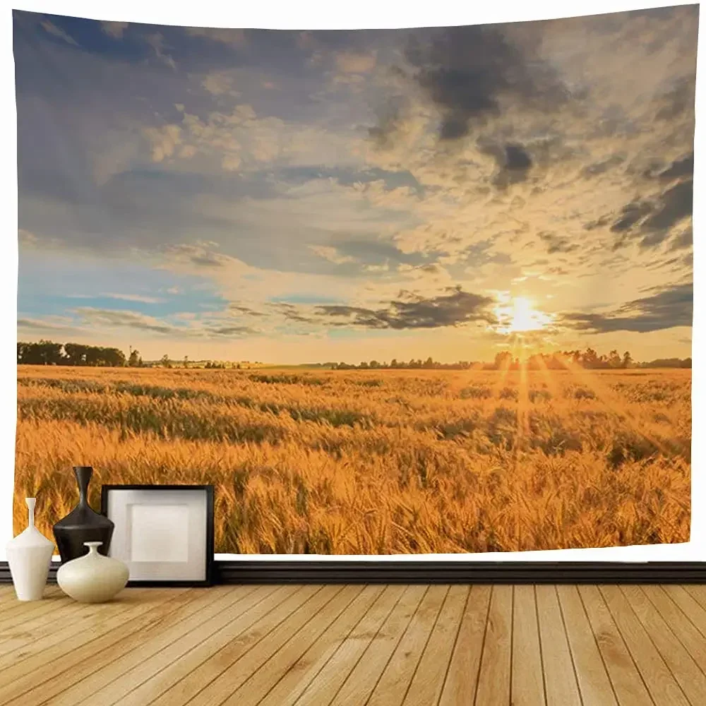 Landscape Tapestry Country Farm Scenery During Sunset Field Clouds Tapestry Wall Hanging for Bedroom Living Room Dorm Decor