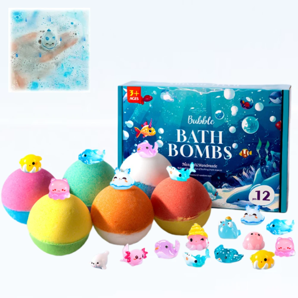 12Pcs Natural Kids Bath Bombs Fizzy Spa Bubble Balls with Surprise Toys Inside Essential Oil Skin Care Gift for Girls and Boys