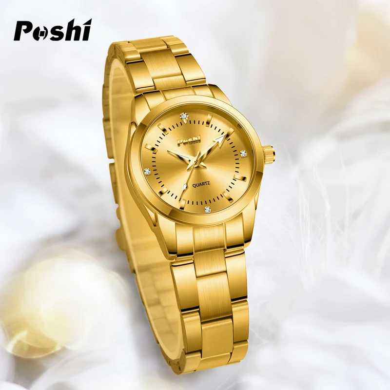 POSHI Casual Ladies Wristwatch Original Quartz Watch Luxury Fashion Bracelet Simple Dial Gold Clock Stainless Steel Strap