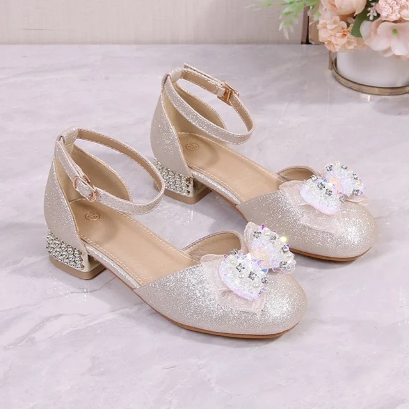 Girls Sequins High Heel Children's Princess Sandals Summer New Cute Rhinestone Bow Leather Shoes for Stage Performance