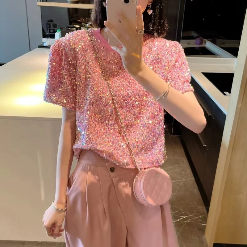 

iny Sequin ort Sve T-irt Women's Loose Korean Sle round Ne Spring Autumn New Faion Bright Blingbling Top
