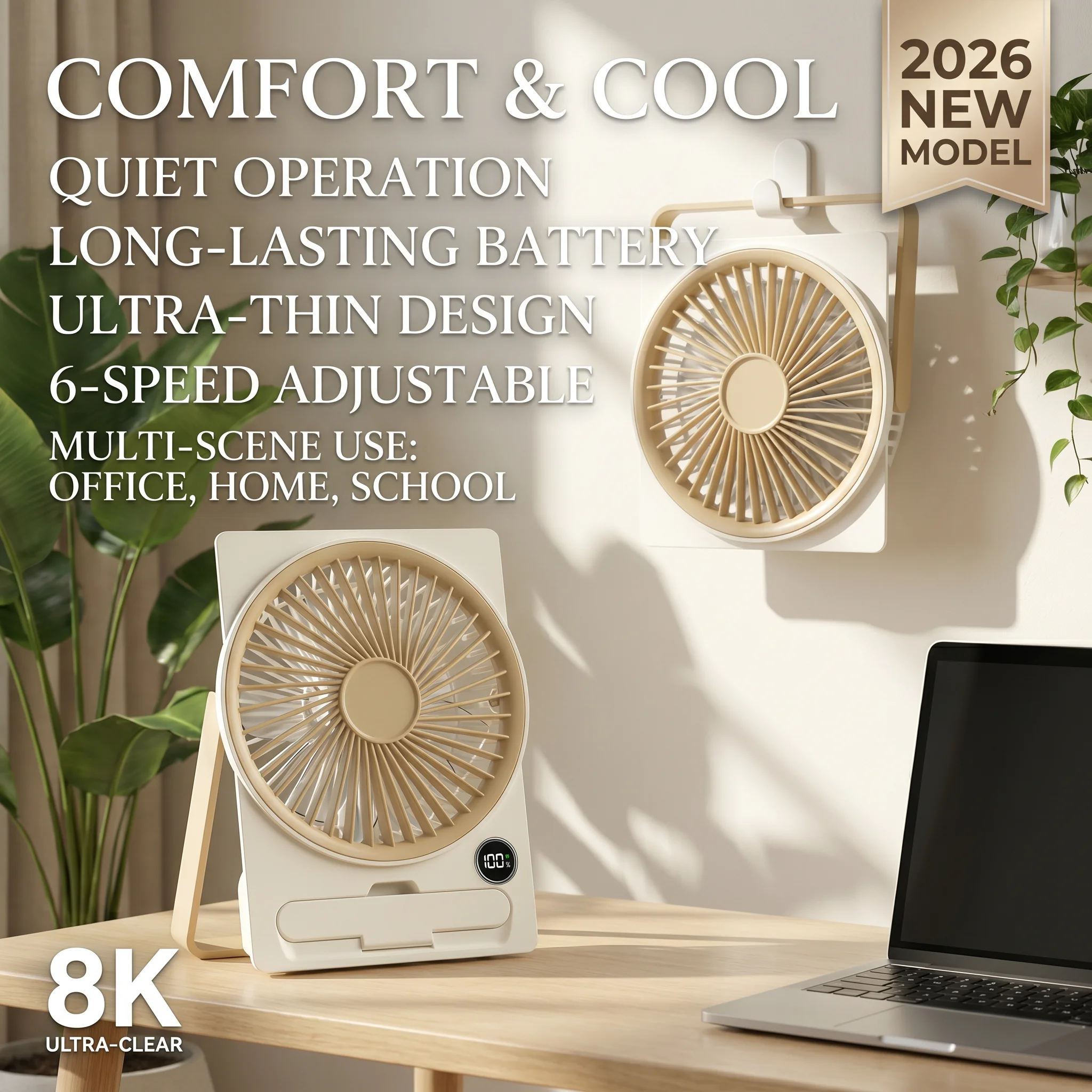 

2026 New Upgrade Ultra-thin Desktop Fan With LED Digital Display 6-speed Adjustment Portable Silent Outdoor Portable Hanging Car