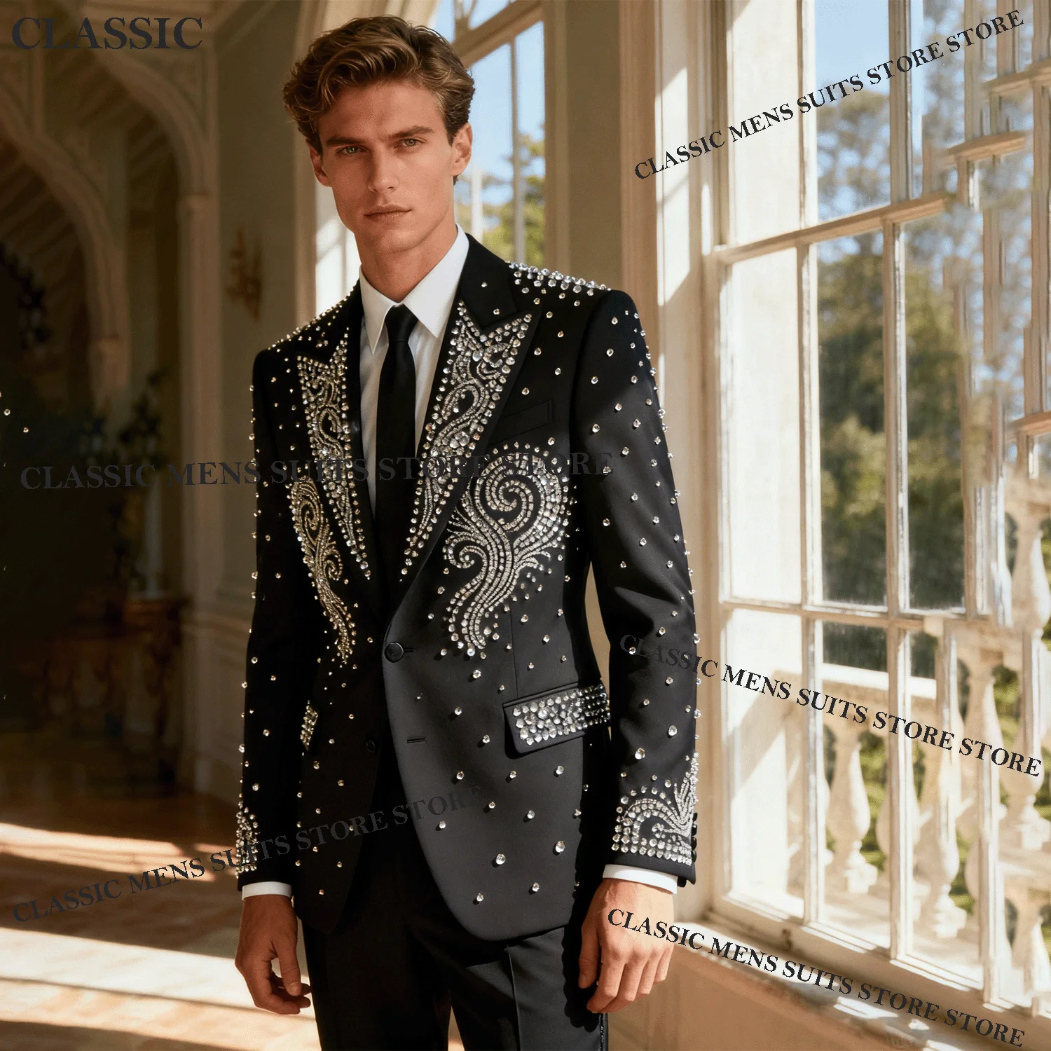 

Customized Luxury Slim Fit Men Suits Single Breasted Ropa hombre 2Pieces Set Groom Male Blazer Rhinestone Beaded Wedding Tuxedos