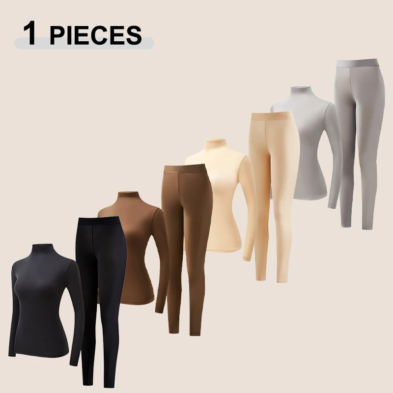 1 Set Herbst-Winter-Unterwäsche mit gestapeltem Kragen, hohem Kragen, hautfreundlich, eng anliegend, warm, langärmelig, elastisches Basisschicht-Set für Damen