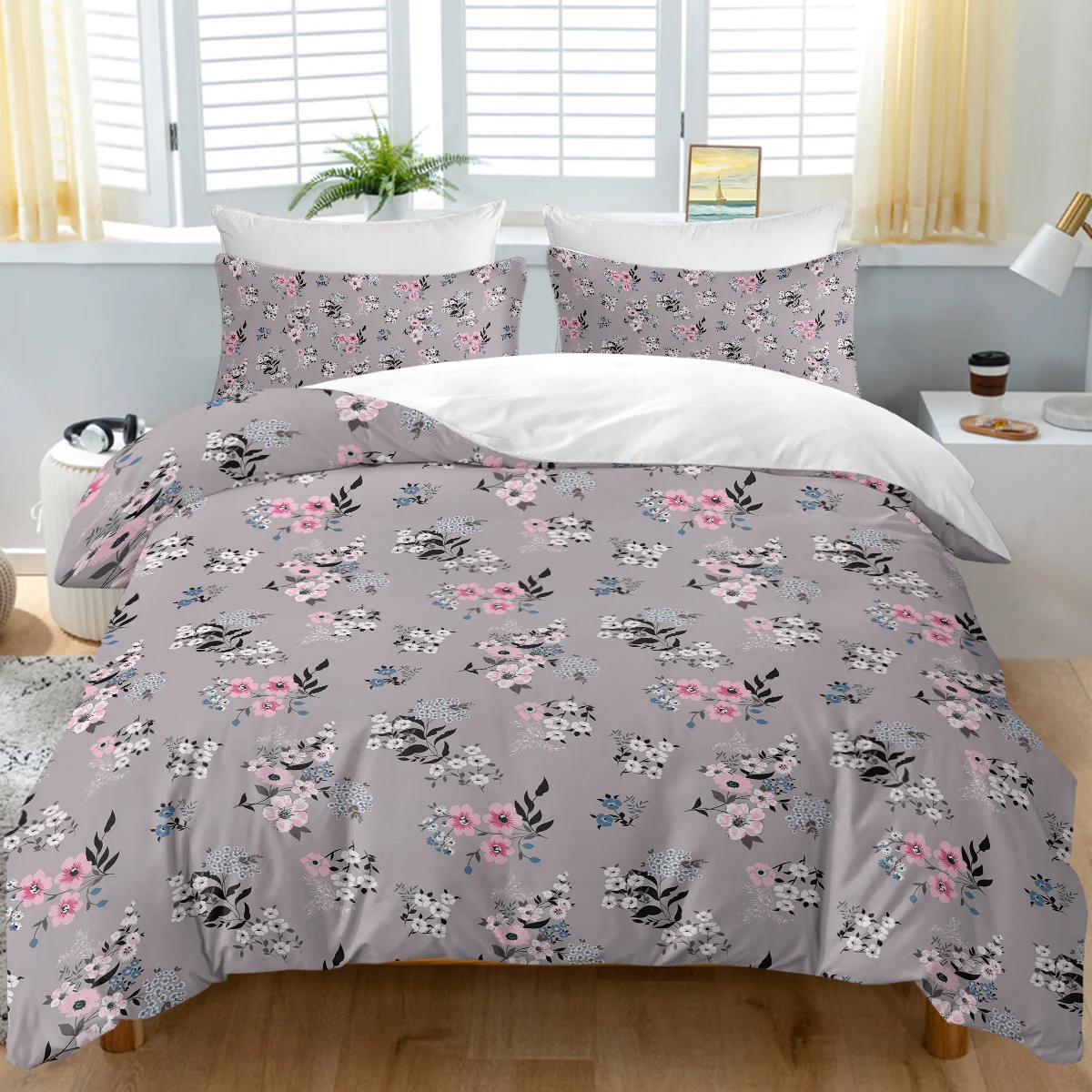 

3pc Small Pink and White Flowers with Black Leaves Bedding Set Quilt Cover with Zipper Closure 1 Duvet Cover and 2 Pillowcases