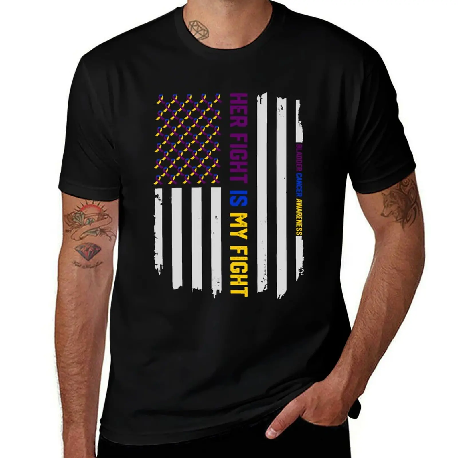 

His Fight - Bladder Cancer Awareness USA American Flag T-Shirt Tee Gift T-Shirt t shirts for man cotton soft man t shirt cotton