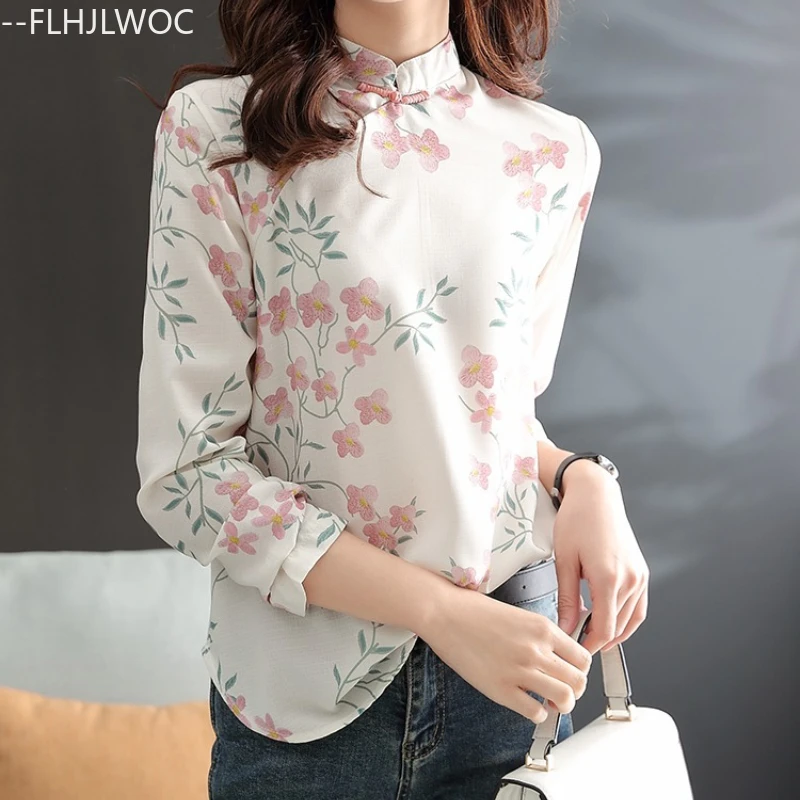 Chinese Style Chi-pao Collar Design Button Tops New Year 2025 Spring Summer Women Date Girls Elegant Retro Shirt Blouse Vintage