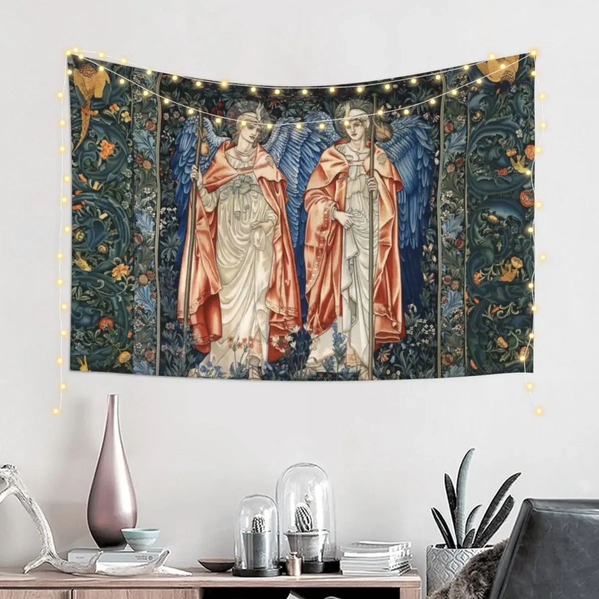 ANGELI MINISTRANTES, Angels in Blue Green Floral Tapestry Aesthetic Room Decors Anime Decor Tapestry