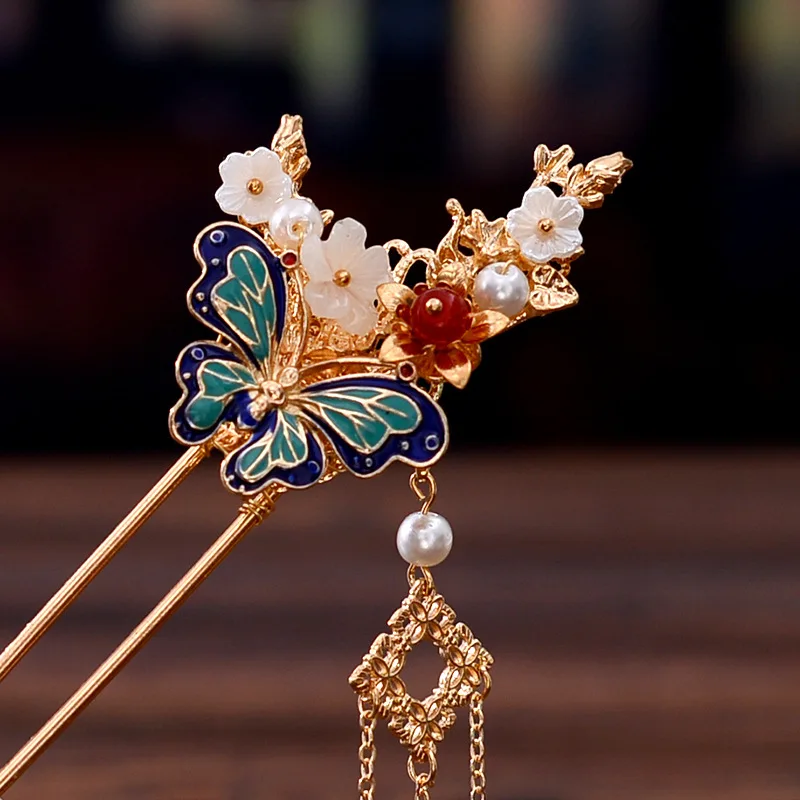 Headdress for Han Chinese Clothing Ancient Style Dangling Ornament Tassel Plate Hairpin Female Hair Clasp Accessories Costume