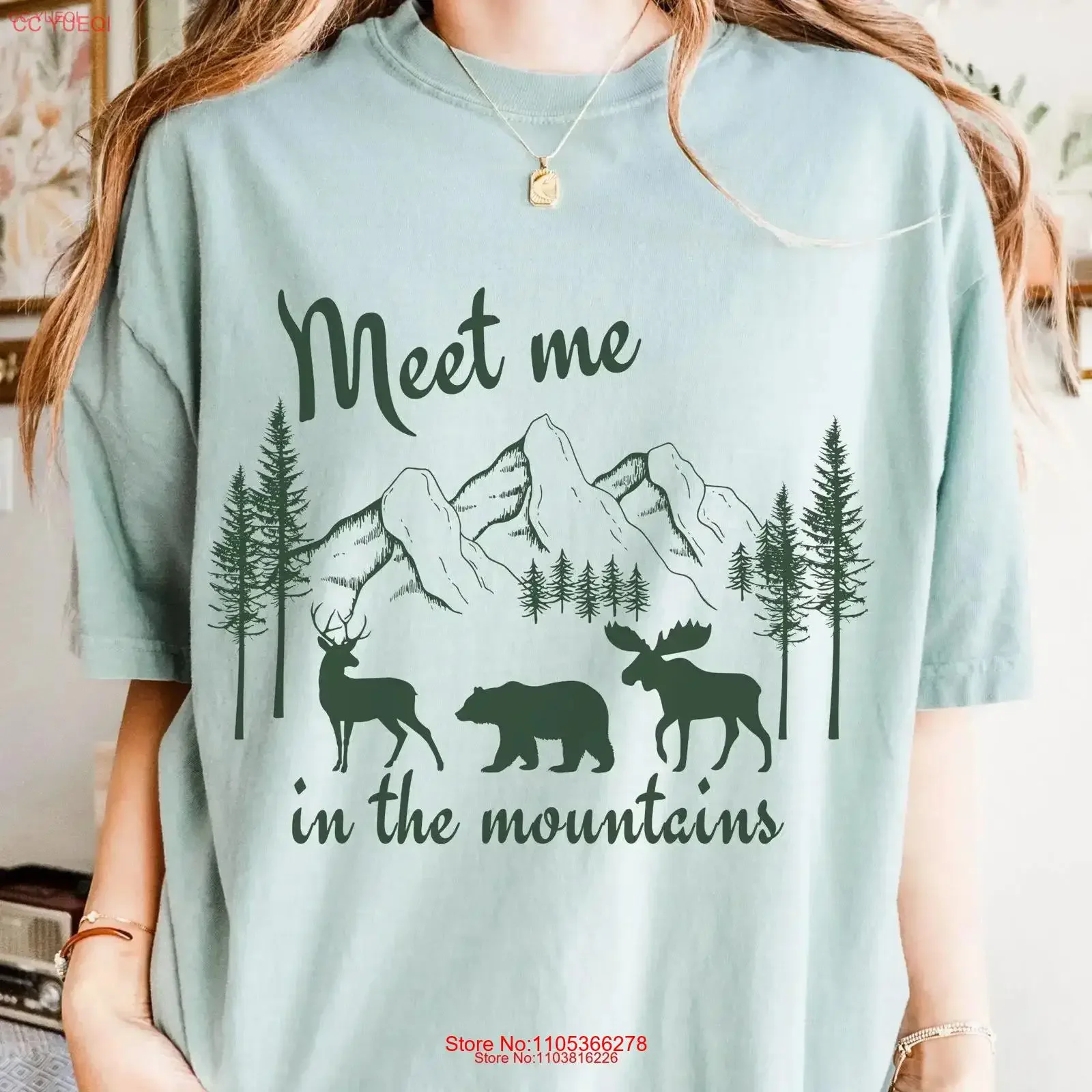 Camiseta Meet Me In The Mountains, diseño de animales del bosque, naturaleza, Forestcore, Granola Girl, amante del senderismo, ciervo, oso, alce, ecología, moda