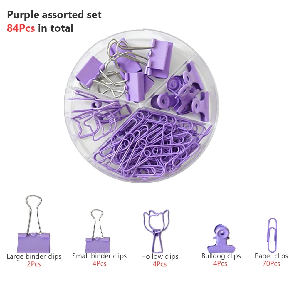 84 шт./коробка, 5 размеров, розовые, синие, зеленые, фиолетовые, желтые зажимы для связывания, для офиса, кабинета, для документов, бульдога, металлический зажим